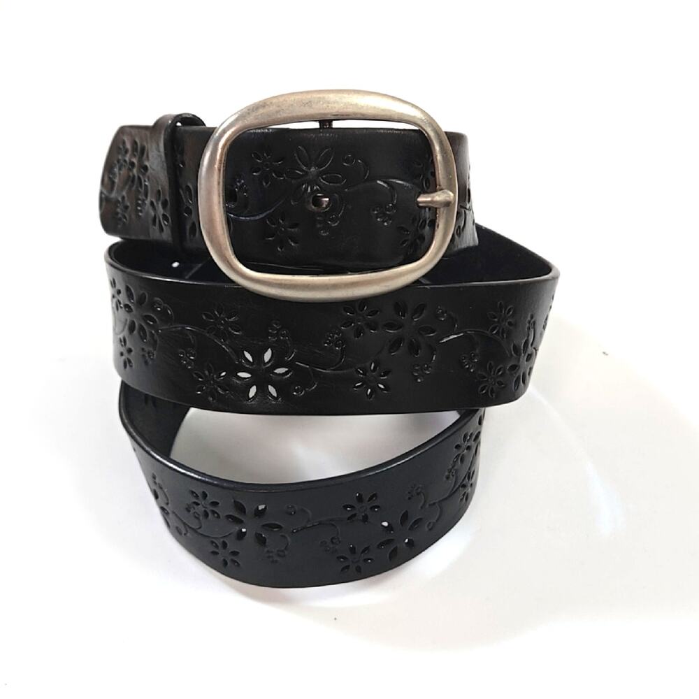 Black Women's Floral Die-Cut Leather Belt XL
